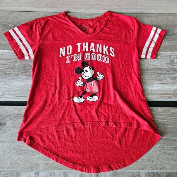 Disney Mickey Mouse T-Shirt Crop Jr XL 15-17 Red V Neck "No Thanks I'm Good" - Picture 1 of 10